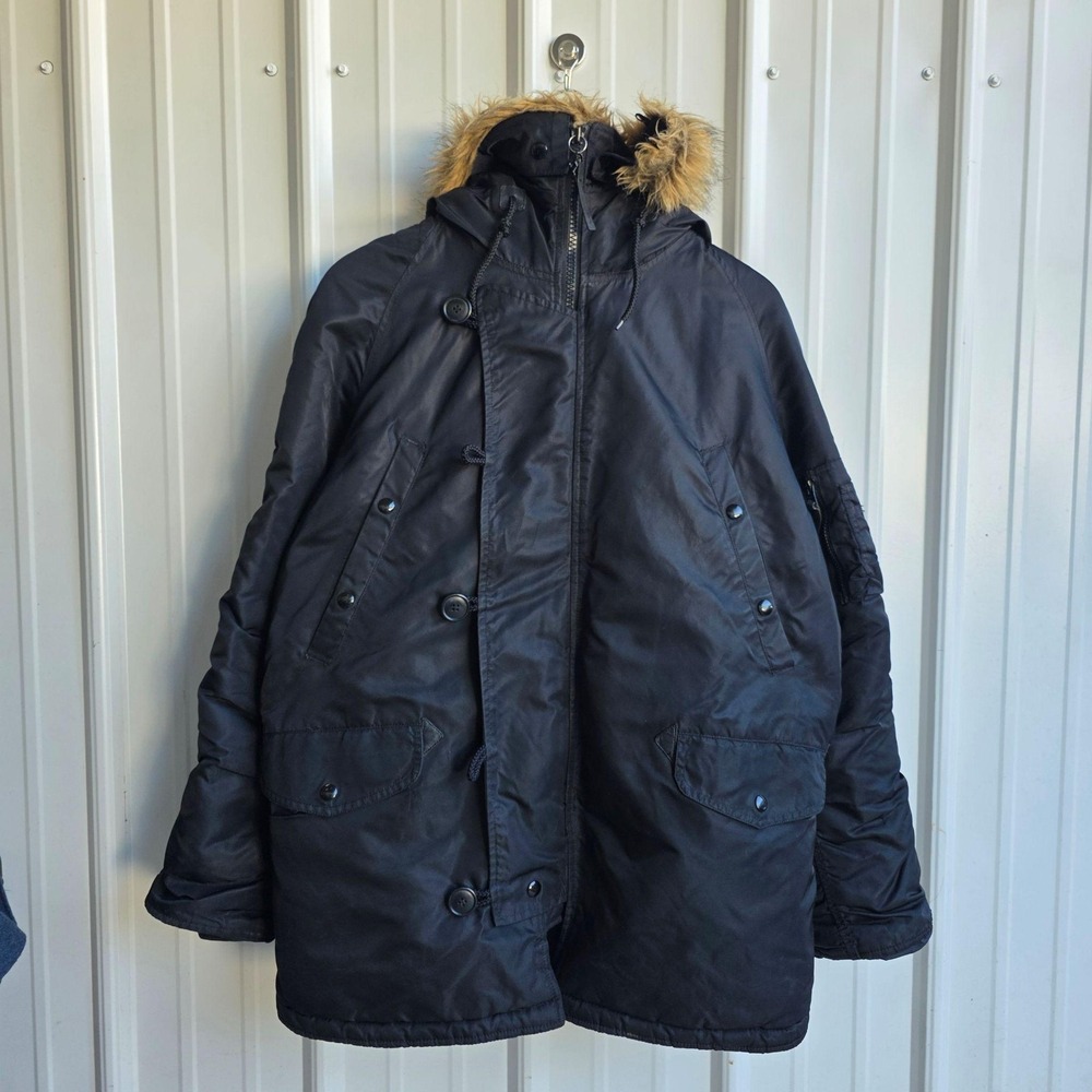 Alpha Industries Coat Mens Small Black Hooded Fur Trim Parka Military Jacket
